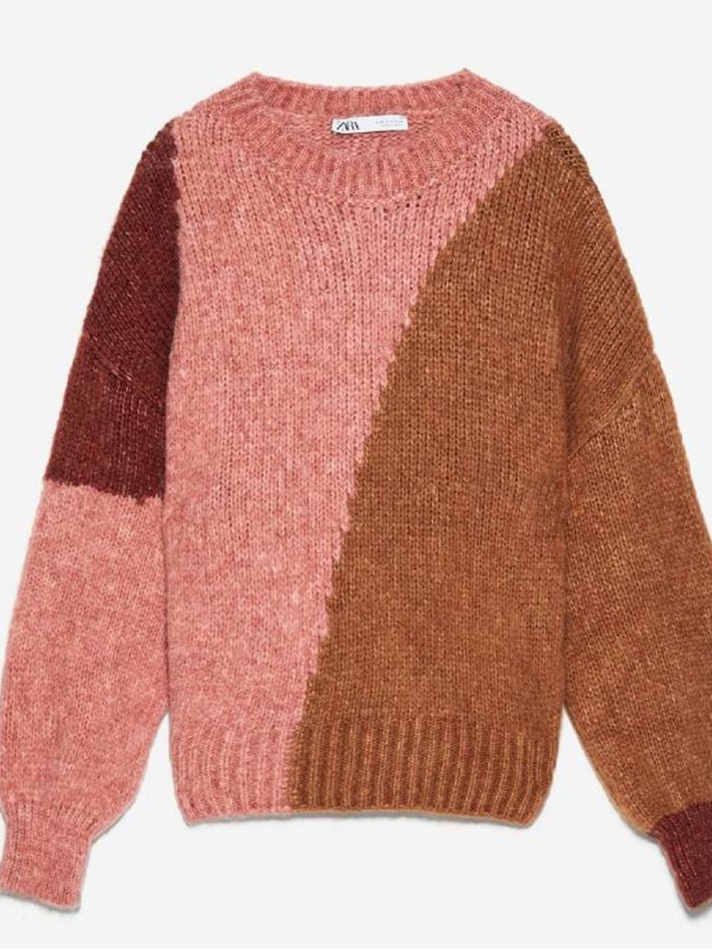 Zara Pink Tan Brown Colorblock Crewneck Cozy Sweater S